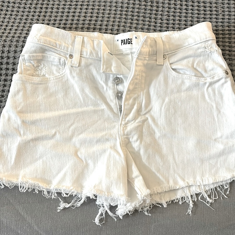 Paige high wasted white denim shorts. Button  fly.